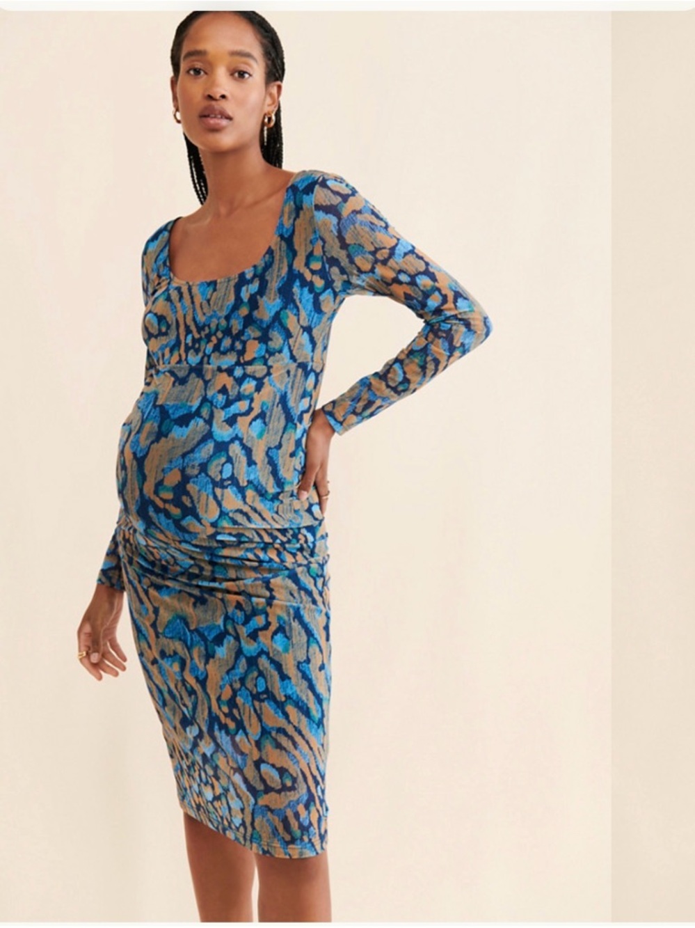 Ingrid & Isabel Blue and Tan Abstract Long-Sleeve Scoop Neck Dress